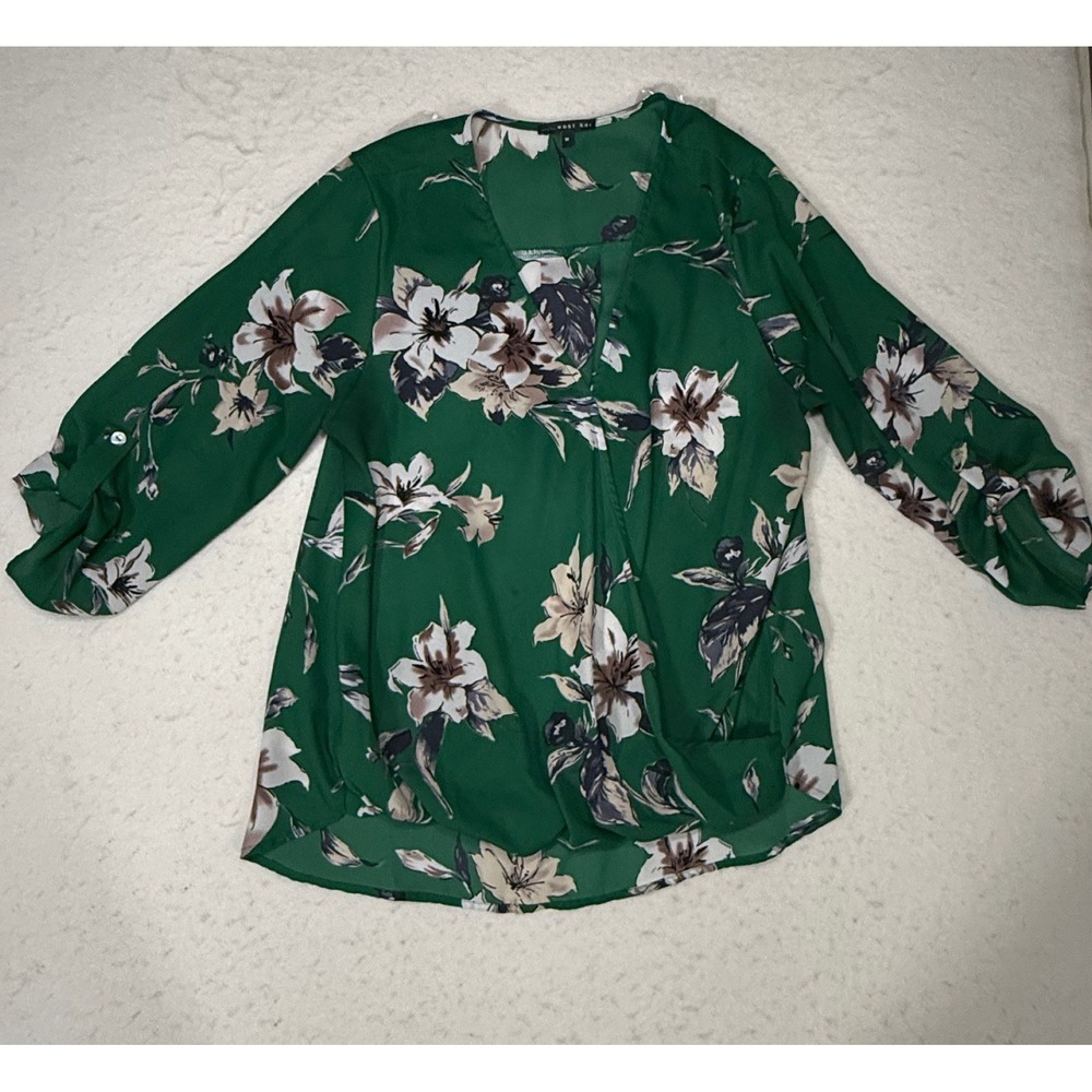 West Kei Womens Emerald Green Floral Surplice V-Neck Roll Tab Sleeve Blouse M